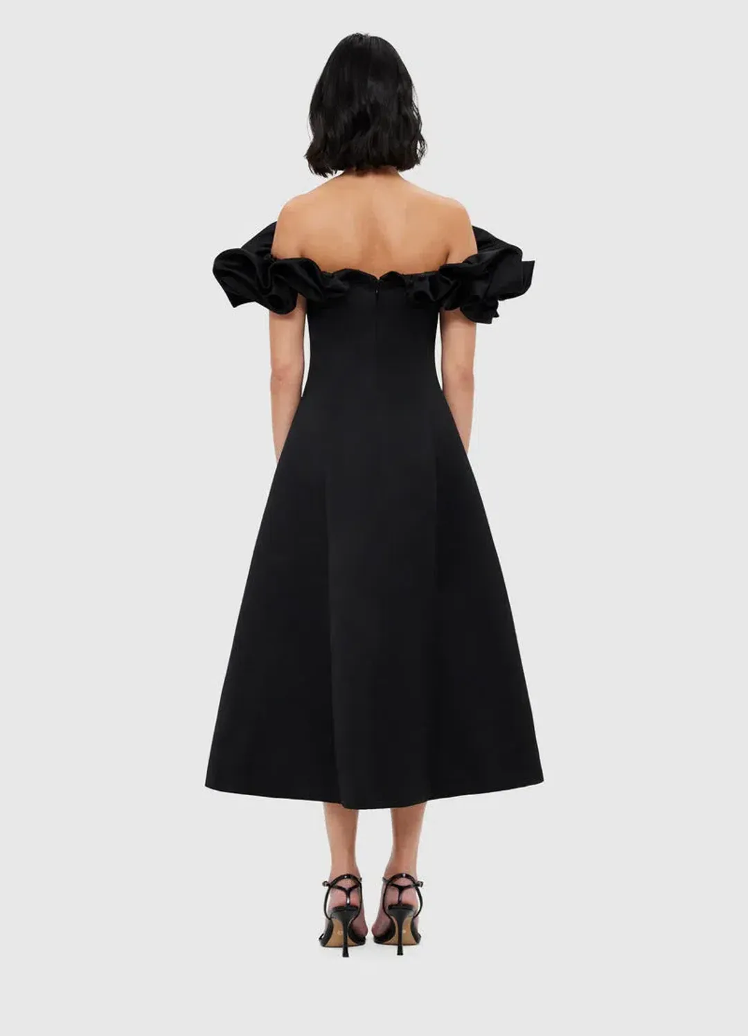 Leo Lin Annie Off Shoulder Frill Midi Dress Black Size 10  for rent on The Volte - main image