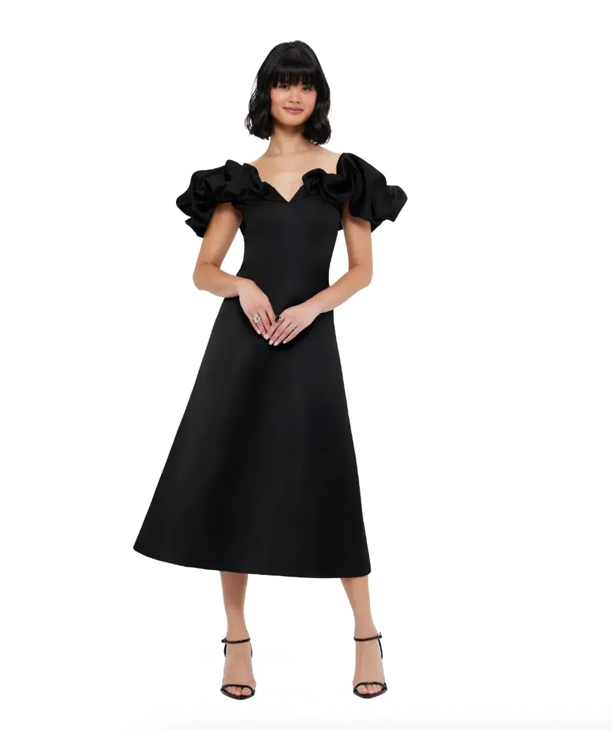 Leo Lin Annie Off Shoulder Frill Midi Dress Black Size 10  for rent on The Volte - main image
