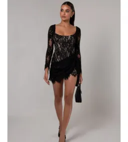 Heiress Beverly Hills Long Sleeve Lace Corset Draped Mini Dress Black Size XL/AU 14 for rent on The Volte - image 1