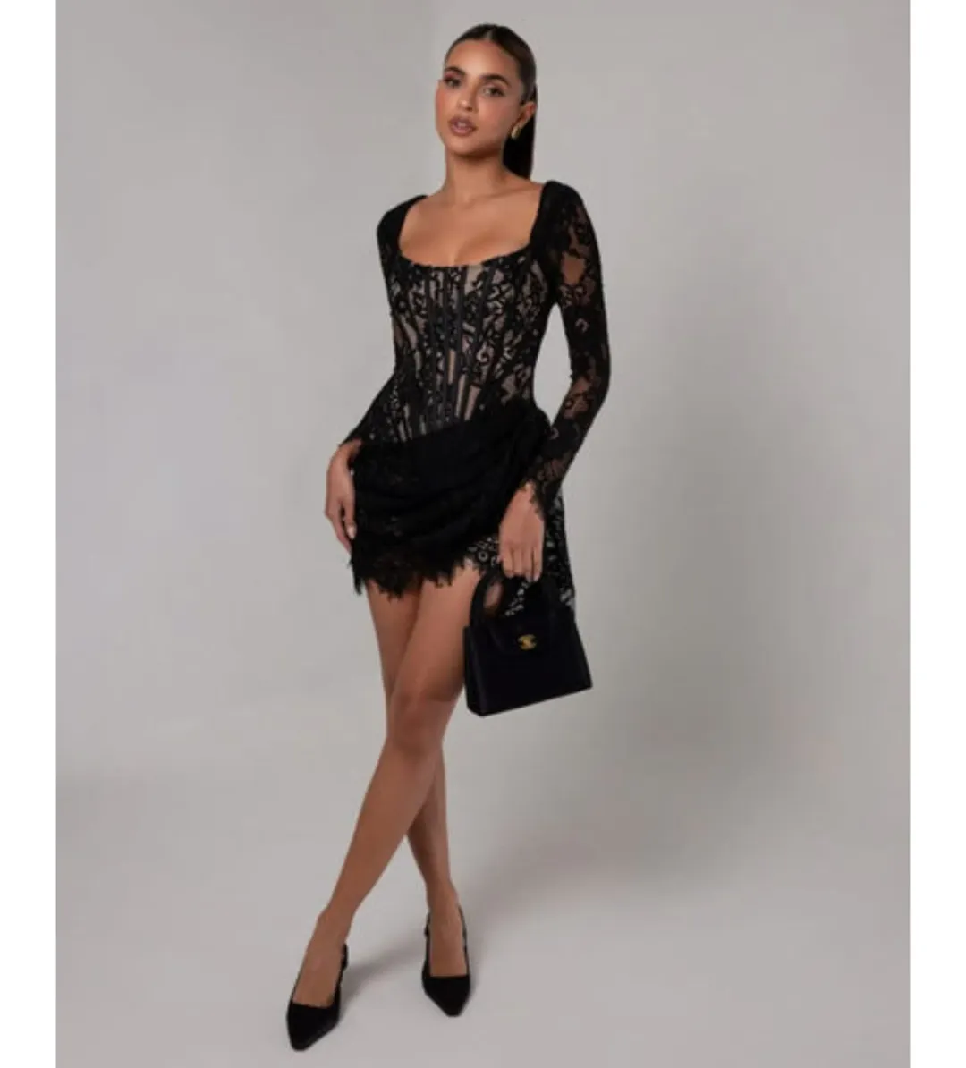Heiress Beverly Hills Long Sleeve Lace Corset Draped Mini Dress Black Size XL/AU 14 for rent on The Volte - main image