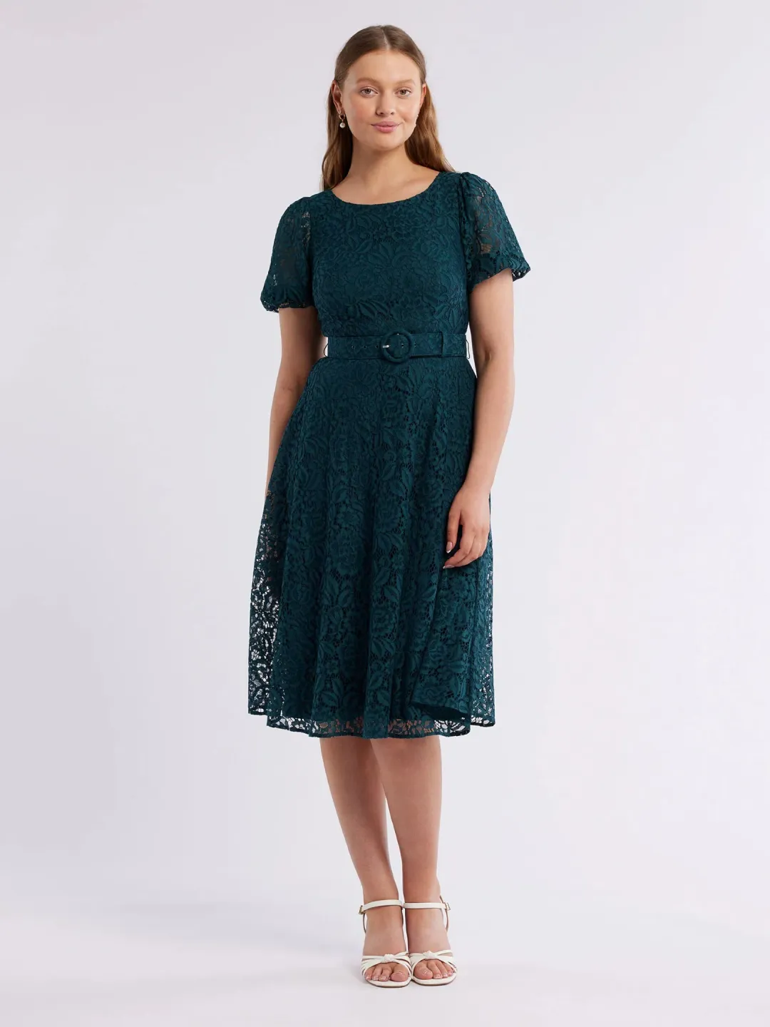 Review Emerald Short Puff Sleeves Avette Lace Knee Length Dress Green Size 12 for rent on The Volte - main image