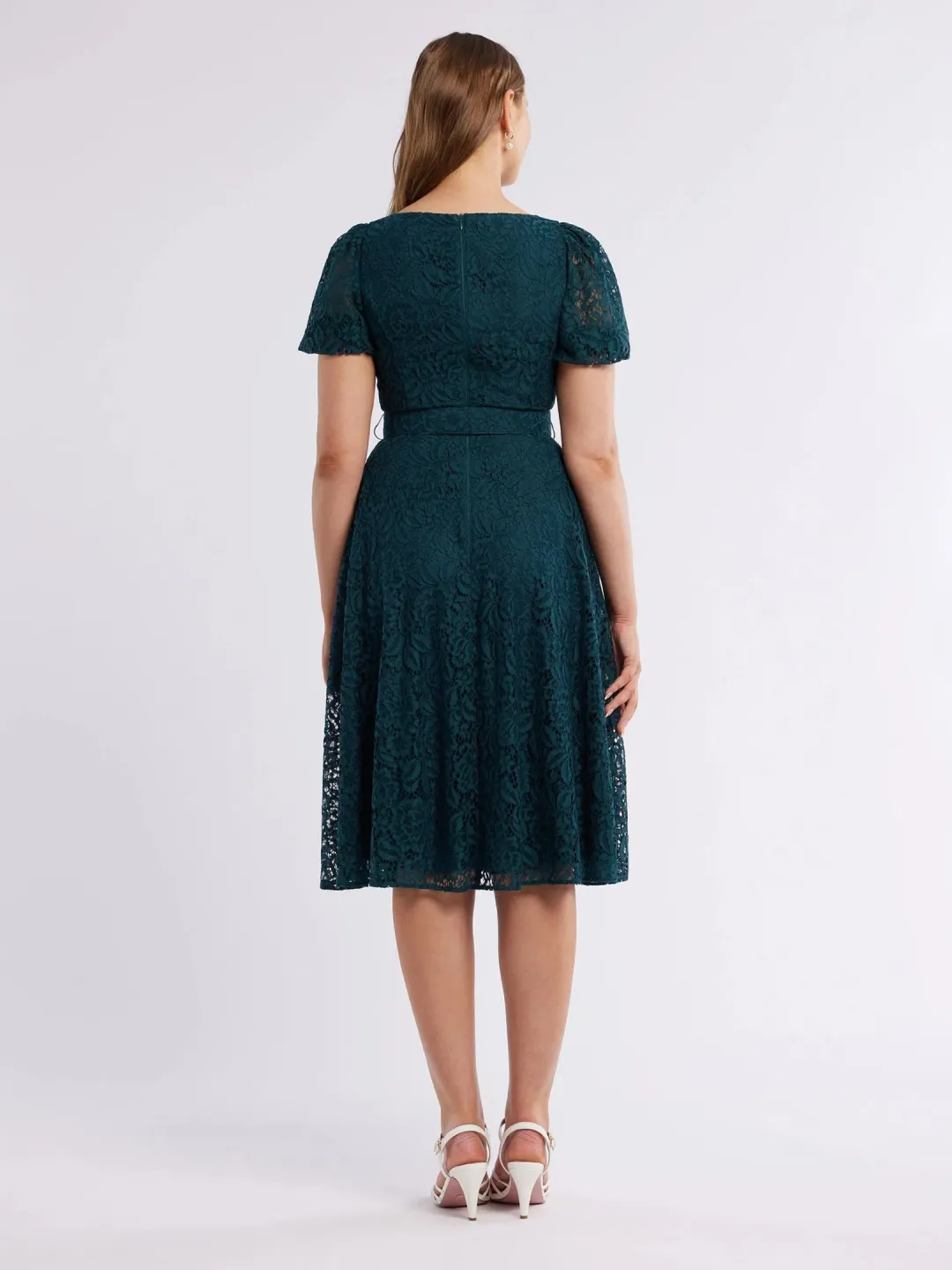 Review Emerald Short Puff Sleeves Avette Lace Knee Length Dress Green Size 12 for rent on The Volte - main image