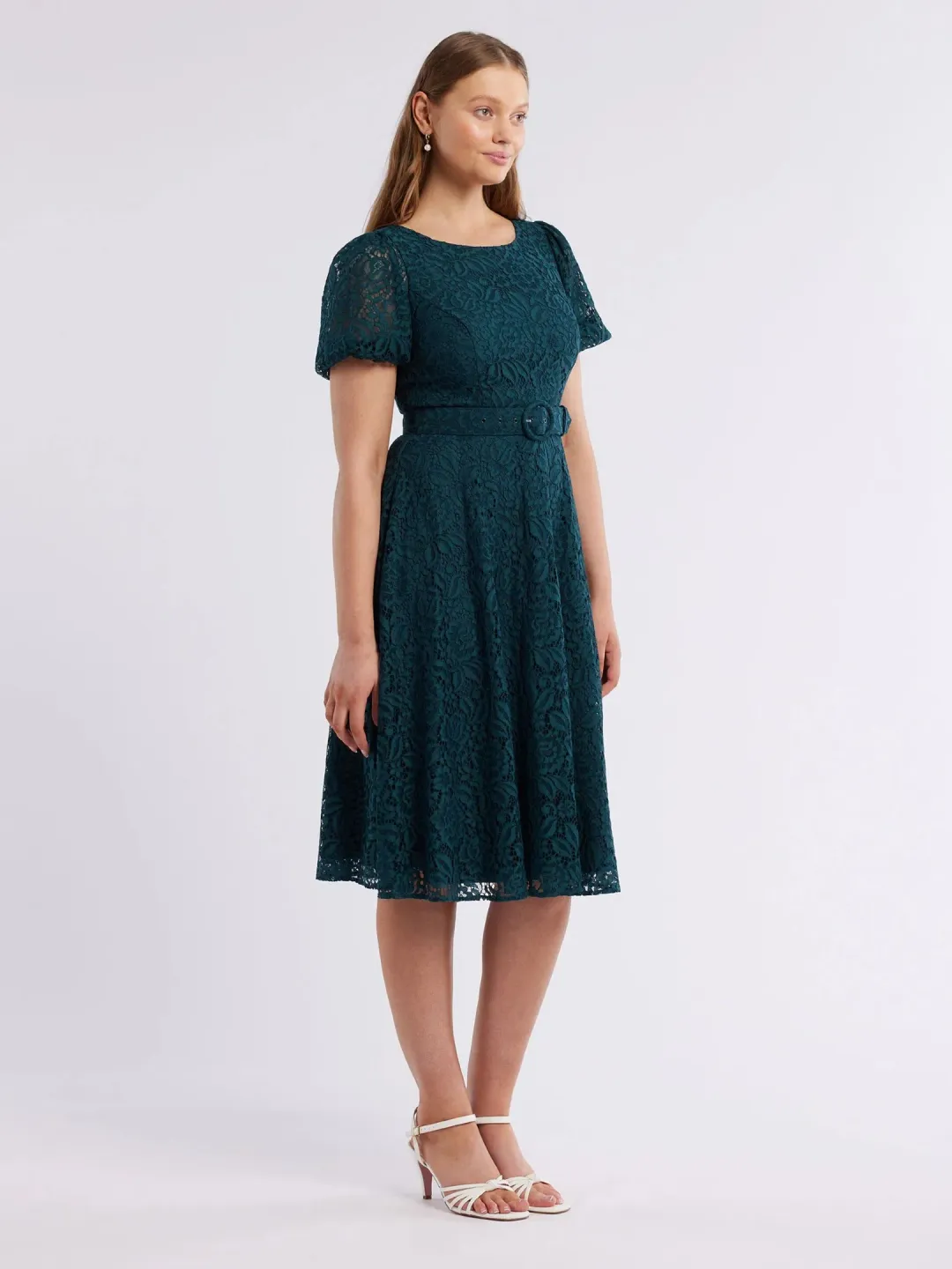 Review Emerald Short Puff Sleeves Avette Lace Knee Length Dress Green Size 12 for rent on The Volte - main image