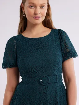Review Emerald Short Puff Sleeves Avette Lace Knee Length Dress Green Size 12 for rent on The Volte - image 3