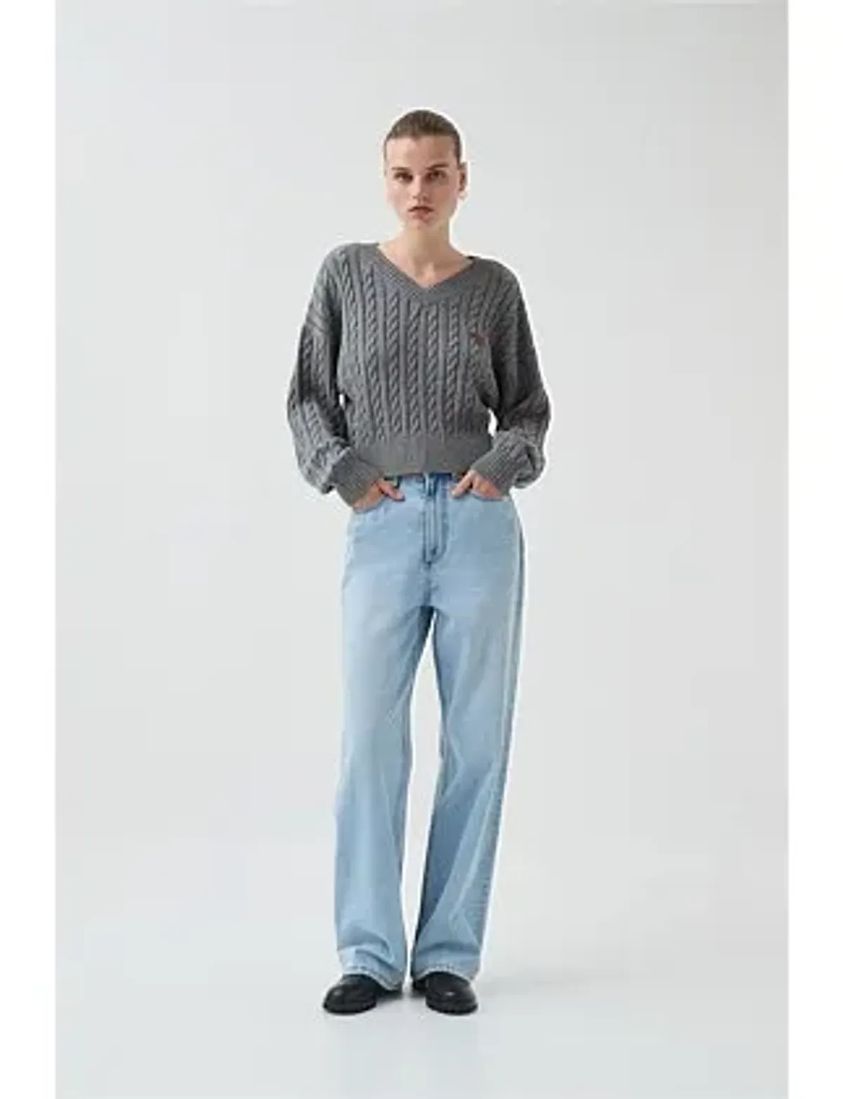 Aje Studio Naia Cropped Cable Knit Jumper Grey Size 6 for rent on The Volte - main image