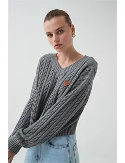 Aje Studio Naia Cropped Cable Knit Jumper Grey Size 6 for rent on The Volte - image 2