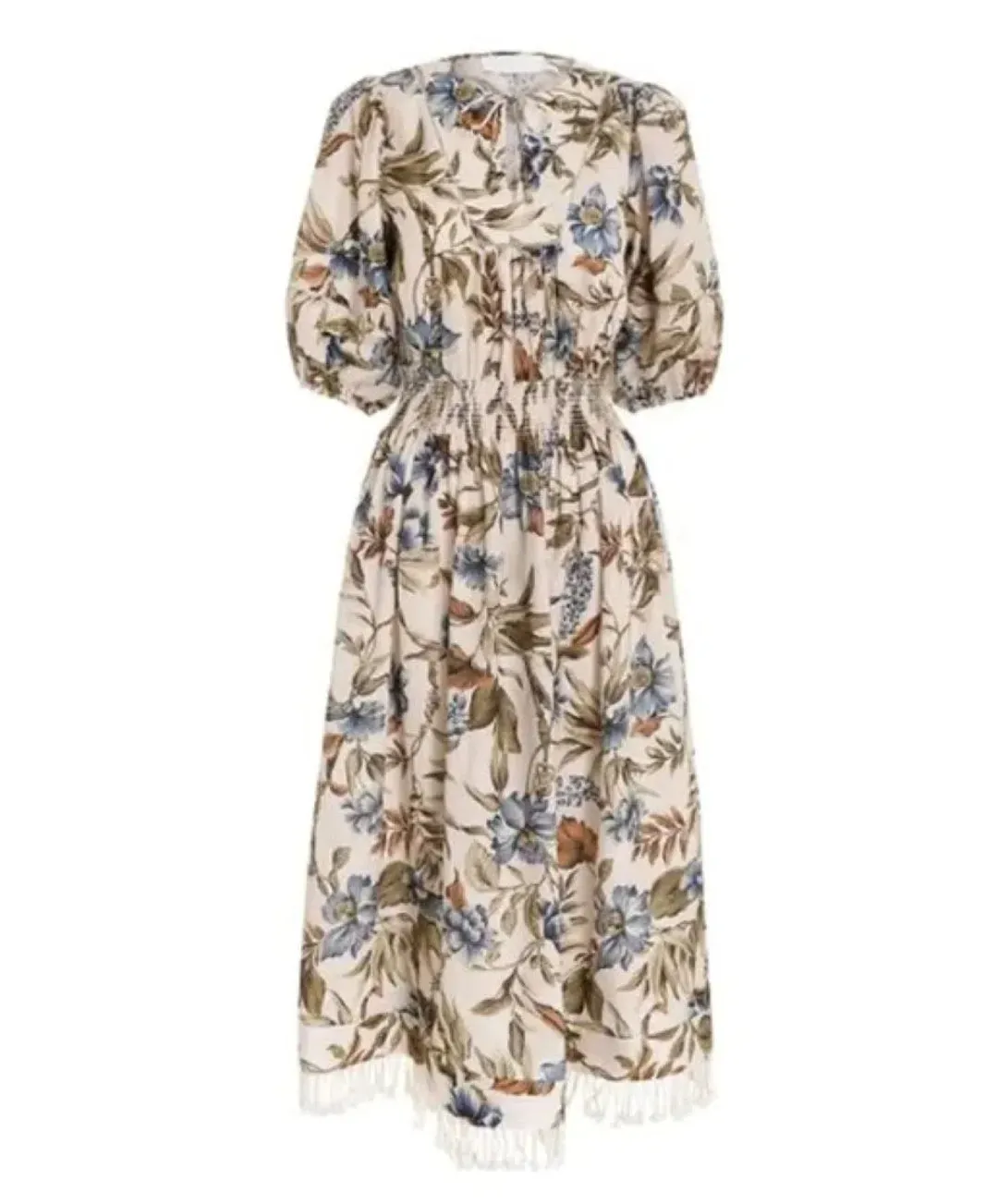 Zimmermann Aliane Shirred Waist Linen Midi Dress Blue Floral Size 2 / AU 12 for rent on The Volte - main image