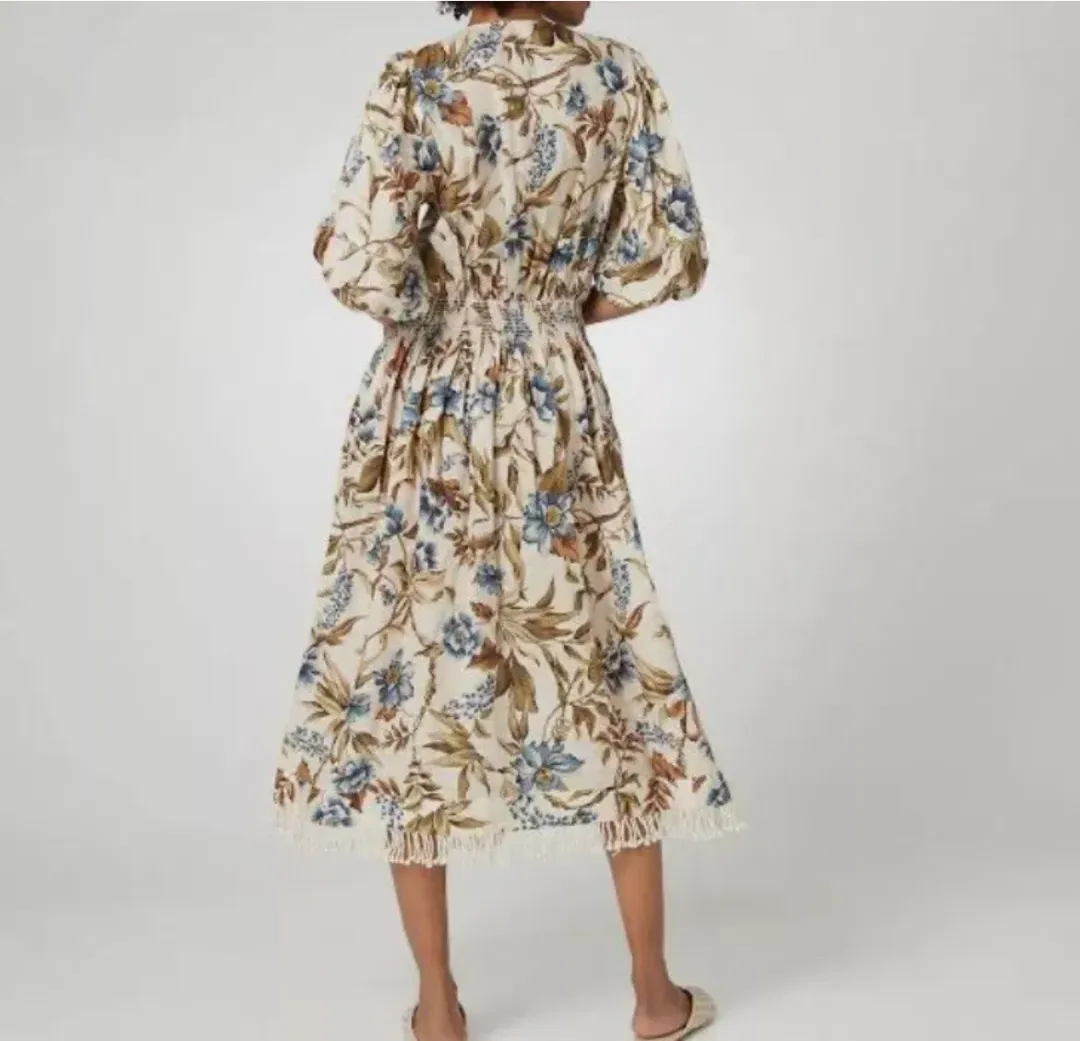 Zimmermann Aliane Shirred Waist Linen Midi Dress Blue Floral Size 2 / AU 12 for rent on The Volte - main image