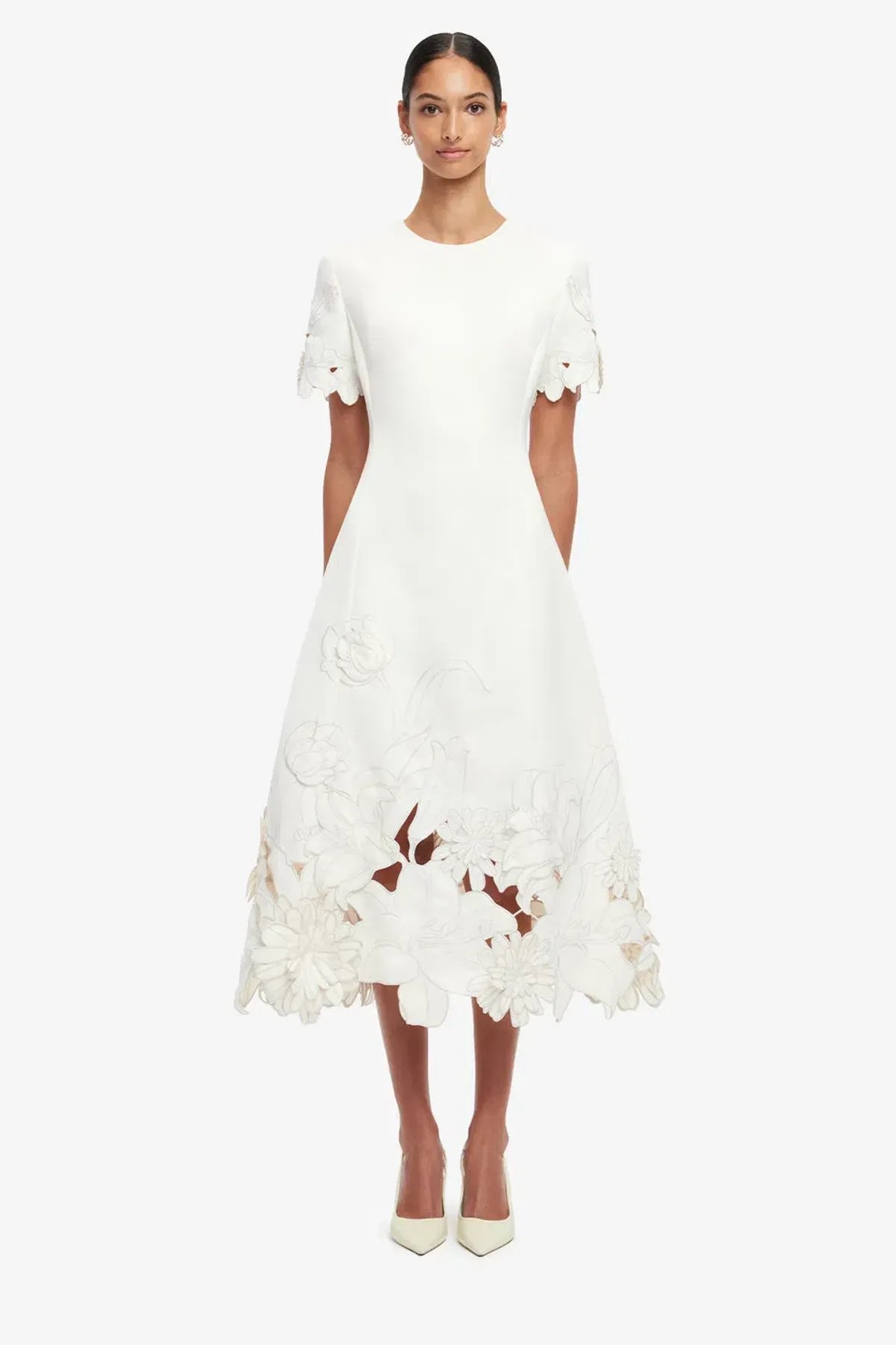  Leo Lin Caroline Applique Short Sleeve Midi Dress Ivory Size 10 for rent on The Volte - main image