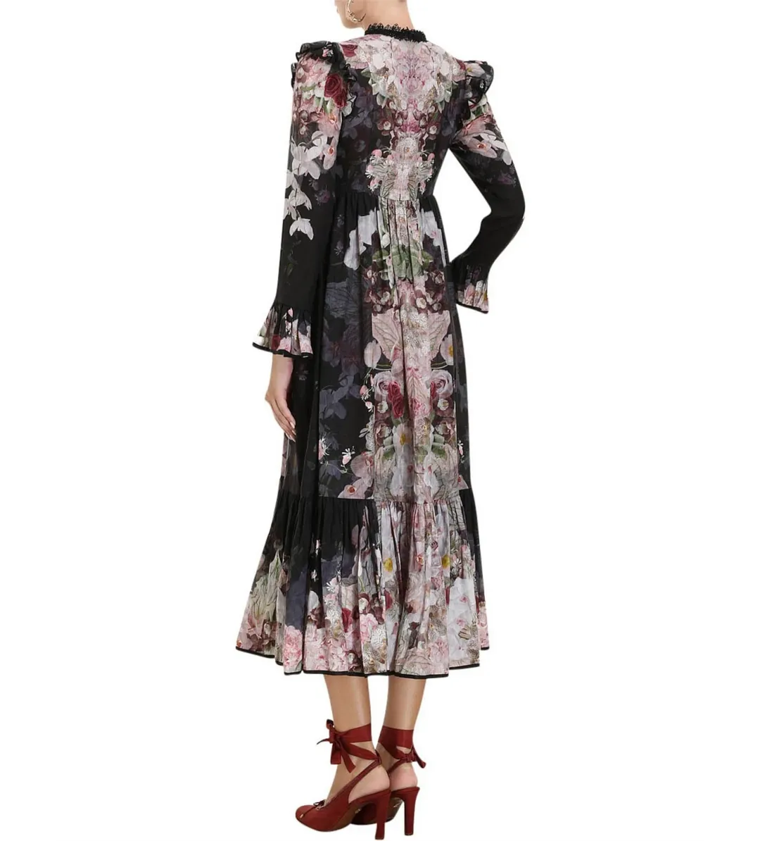 Zimmermann Dancer Tie Neck Midi Dress Black Garden Floral Size 1 AU 10 for rent on The Volte - main image