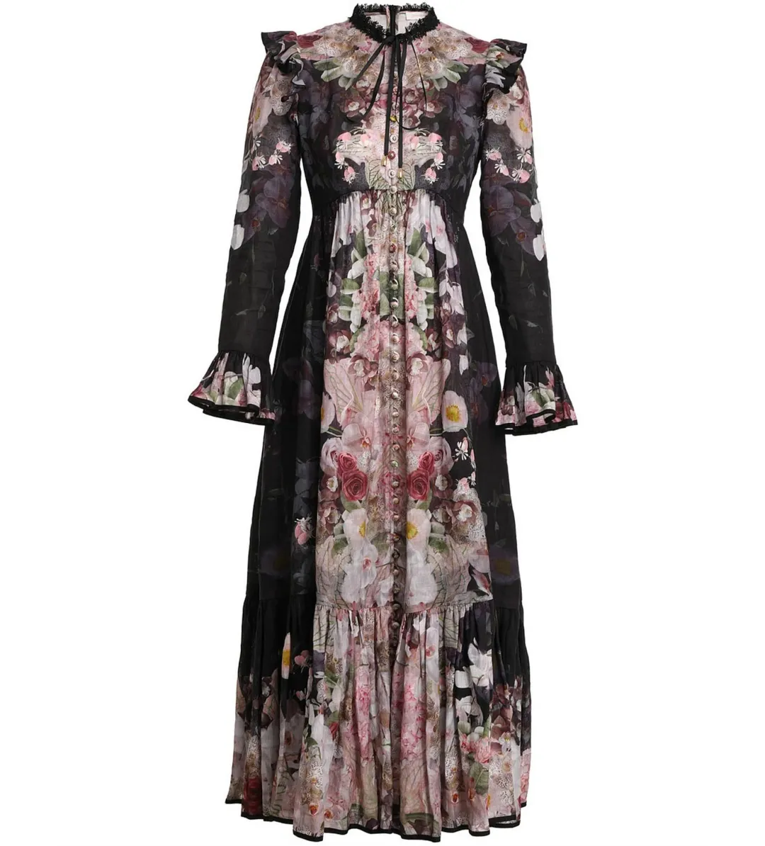 Zimmermann Dancer Tie Neck Midi Dress Black Garden Floral Size 1 AU 10 for rent on The Volte - main image