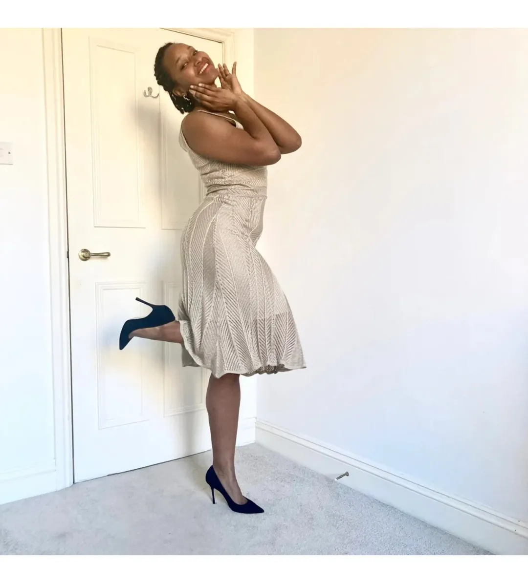 White by Sabatini Knit Knee-Length Dress Gold Size S AU 8 for rent on The Volte - main image