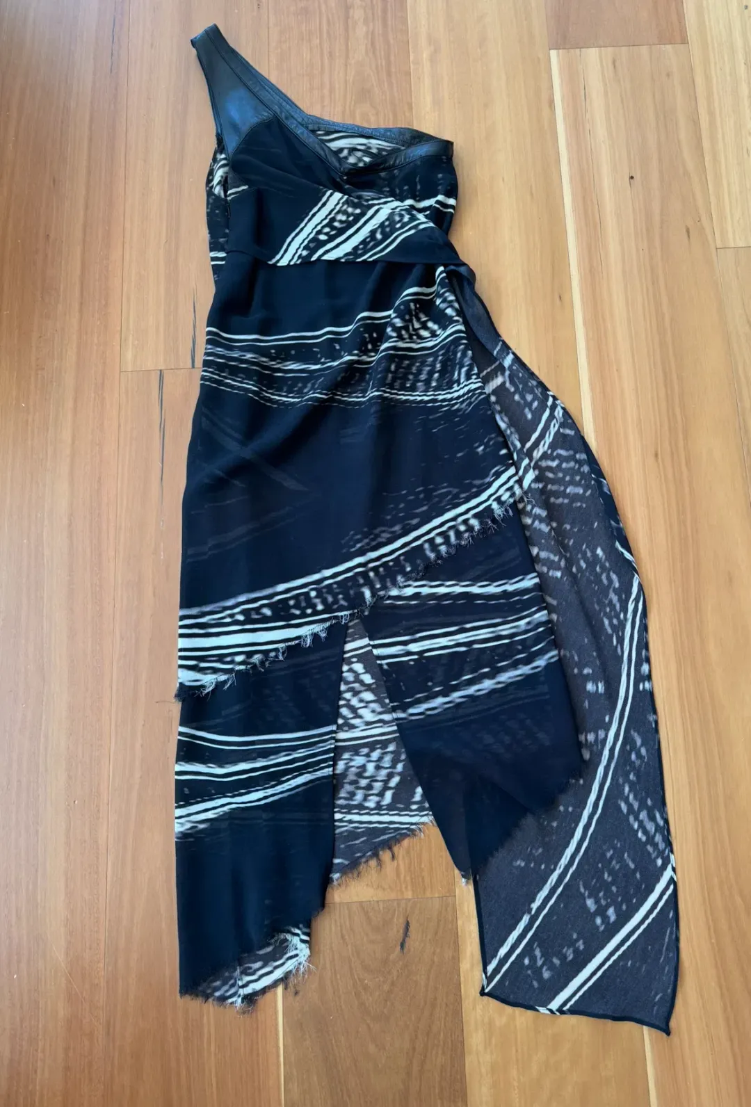 Kimberly Ovitz Leather Trim Knee-Length Dress Black Print Size US 4 AU 8 for rent on The Volte - main image