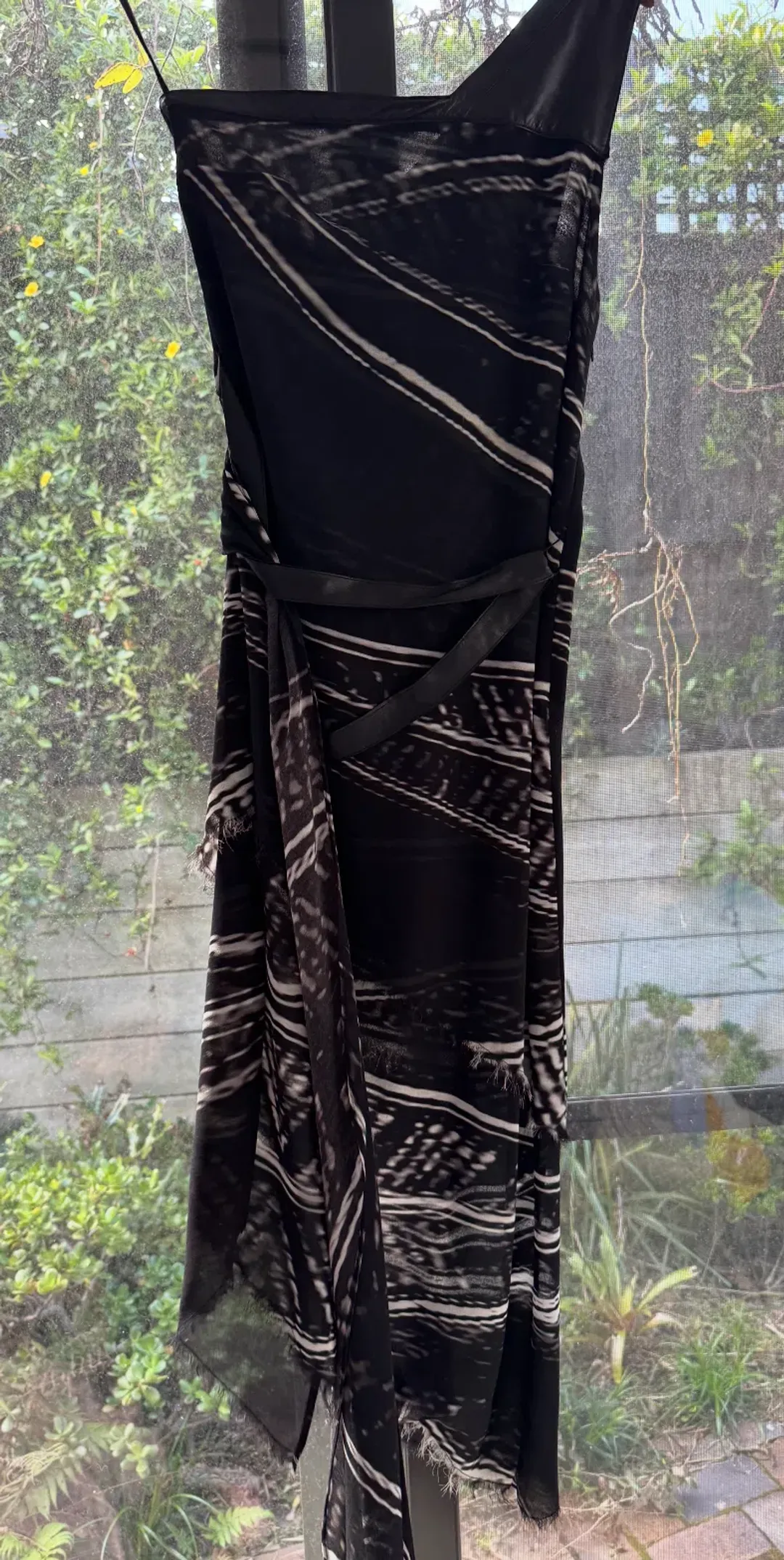 Kimberly Ovitz Leather Trim Knee-Length Dress Black Print Size US 4 AU 8 for rent on The Volte - main image