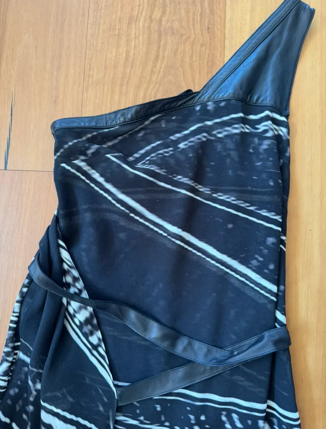 Kimberly Ovitz Leather Trim Knee-Length Dress Black Print Size US 4 AU 8 for rent on The Volte - main image