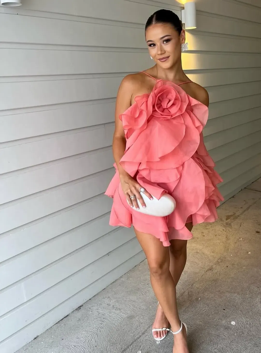 Aje Pandorea Layered Mini Dress Washed Coral Size 14 for rent on The Volte - main image