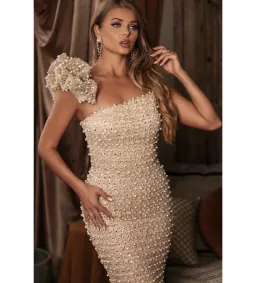 Gold Couture Hana Pearl & Swarovski Beaded Ruffle Shoulder Gown Gold Size AU 12 for rent on The Volte - image 2
