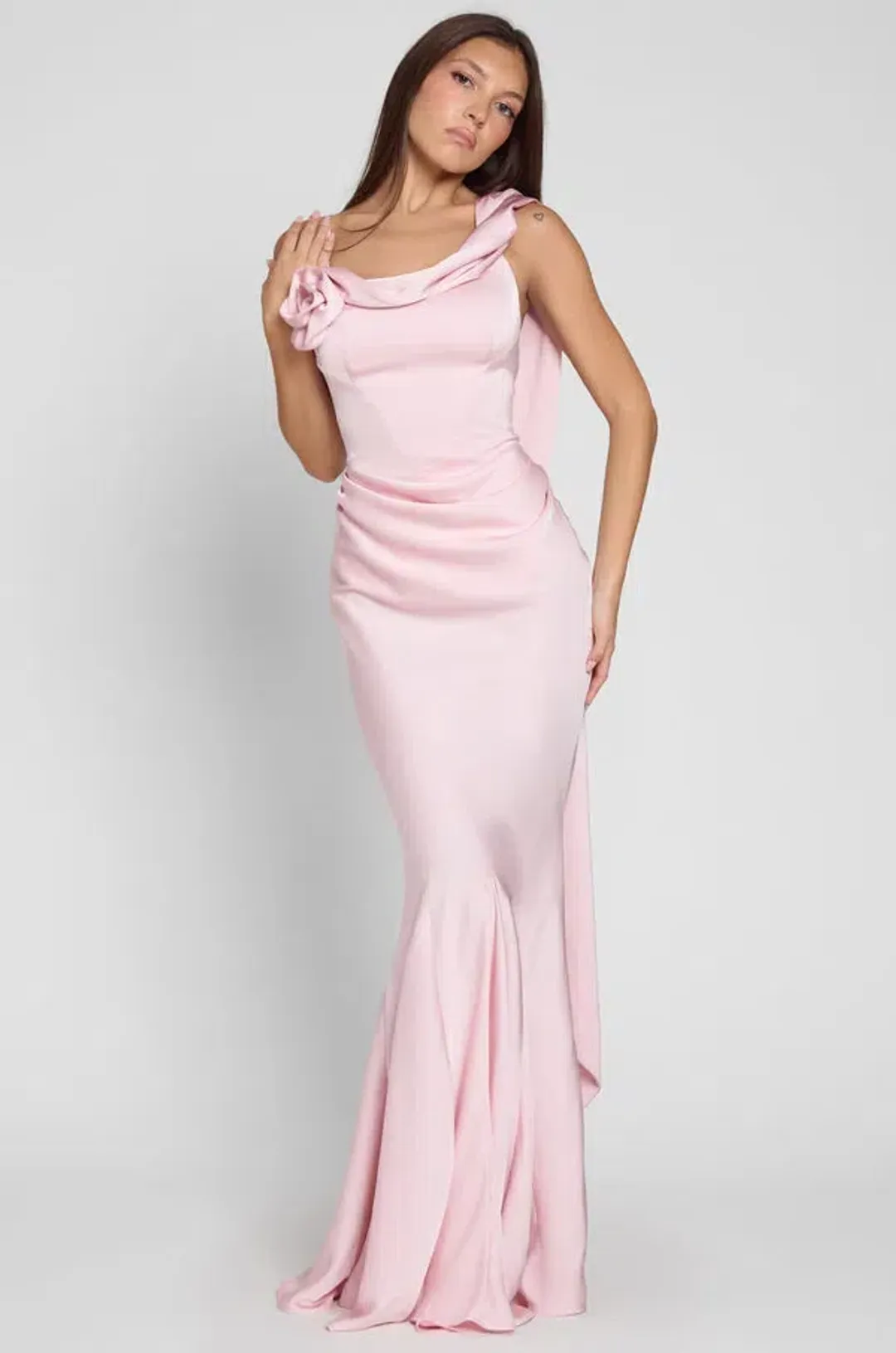LEAU Celine Corset Drape Satin Maxi Gown Pink Size 10 for rent on The Volte - main image