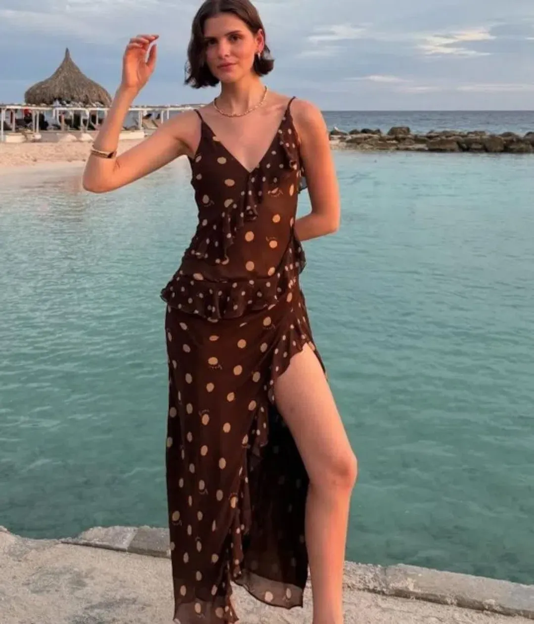 Benni Weston Ruffle Midi Dress Espresso Polka Dot Brown Size S / AU 8 for rent on The Volte - main image