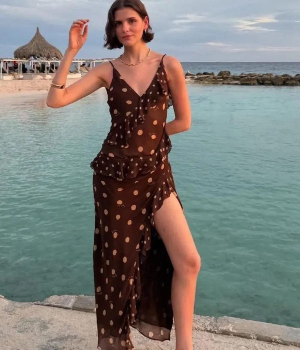 Benni Weston Ruffle Midi Dress Espresso Polka Dot Brown Size M/ AU 10 for rent on The Volte - main image