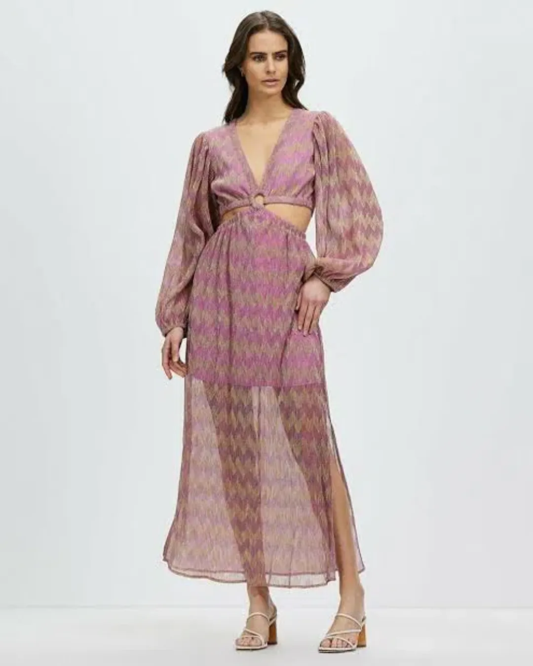 Suboo  Ana Chevron Ring Front Maxi Dress in Pink and Gold Size S/ AU 8 for rent on The Volte - main image