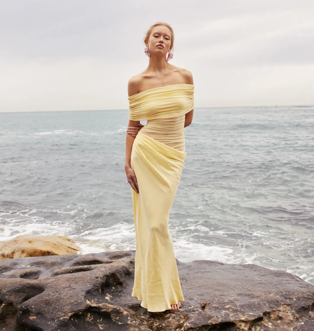 Benni Nico Off Shoulder Maxi Dress in Butter Yellow Size 12 for rent on The Volte - main image