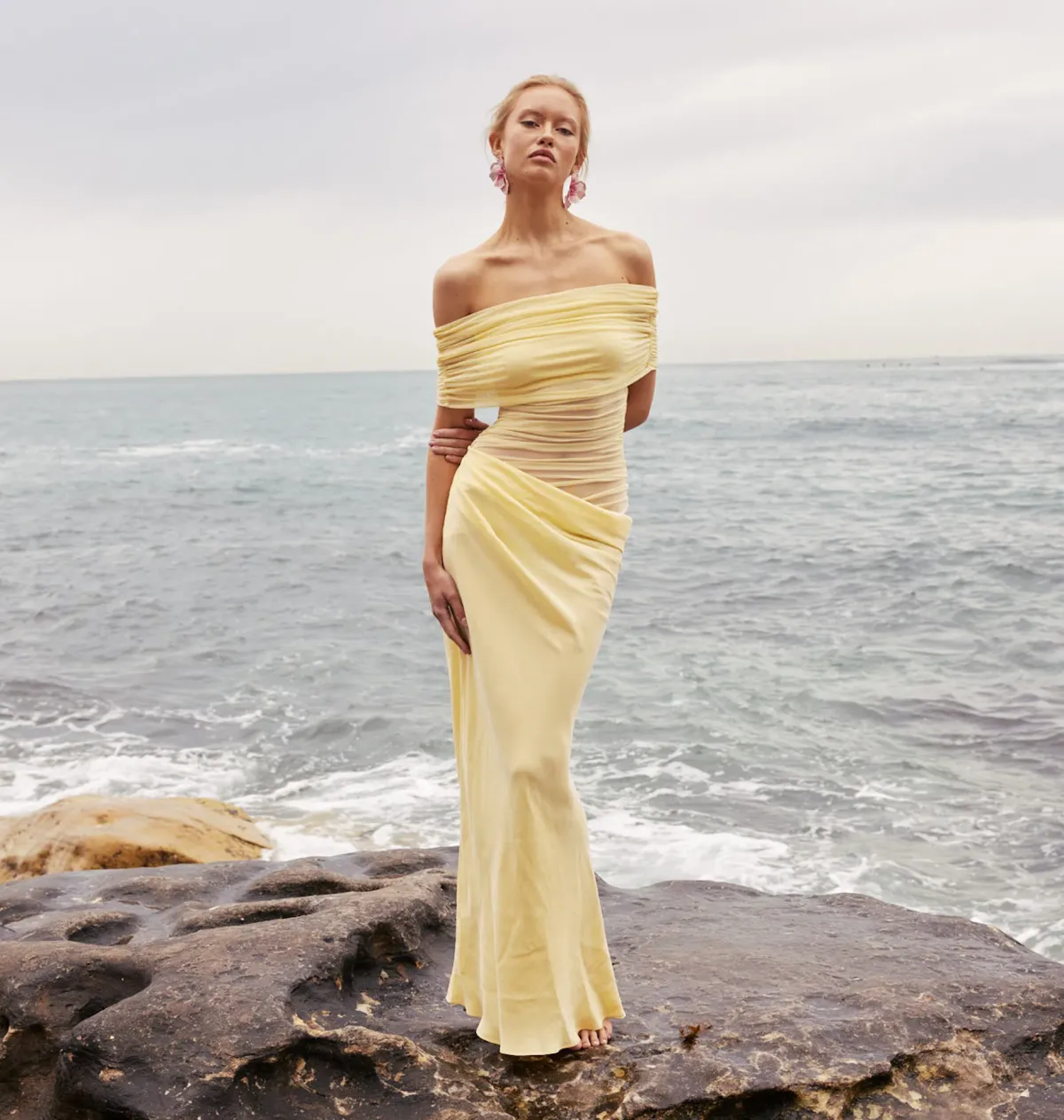 Benni Nico Off Shoulder Maxi Dress in Butter Yellow Size 12 for rent on The Volte - main image