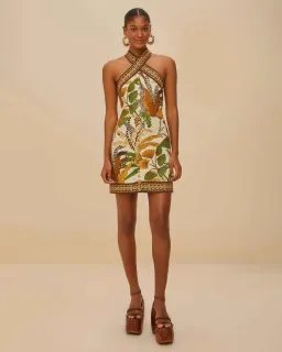 Farm Rio Halter Neck Mini Dress Foliage Sketch Sand in Size M for rent on The Volte - image 1