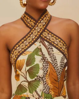 Farm Rio Halter Neck Mini Dress Foliage Sketch Sand in Size M for rent on The Volte - image 3