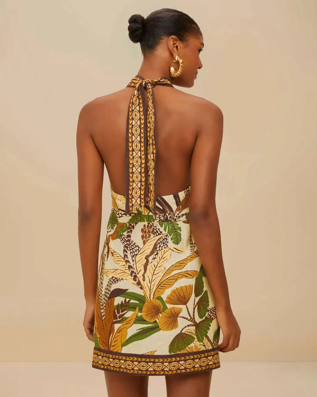 Farm Rio Halter Neck Mini Dress Foliage Sketch Sand in Size M for rent on The Volte - main image