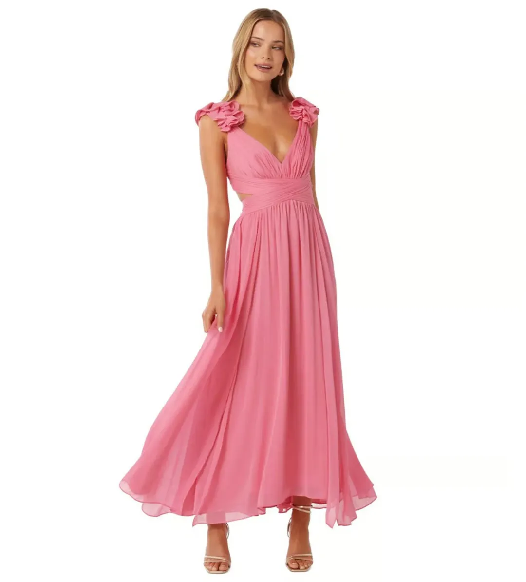 Forever New Selena Ruffle Shoulder Maxi in Pink Size AU12 for rent on The Volte - main image