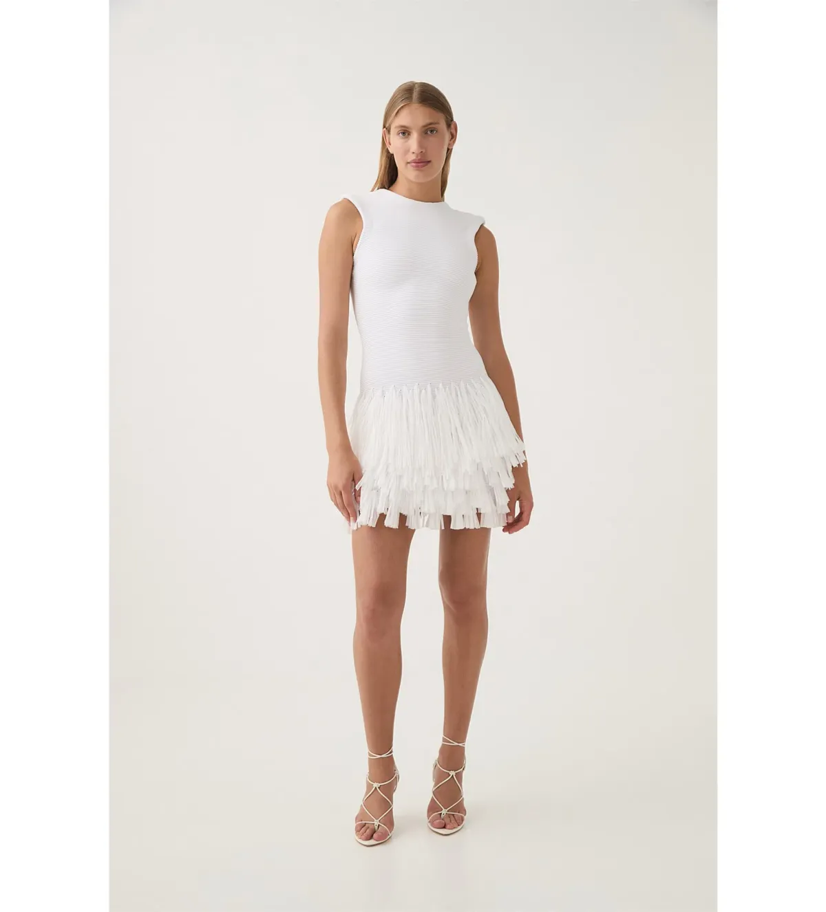 AJE Rushes Fringe Knit Mini Dress in White Size M AU 10  for rent on The Volte - main image