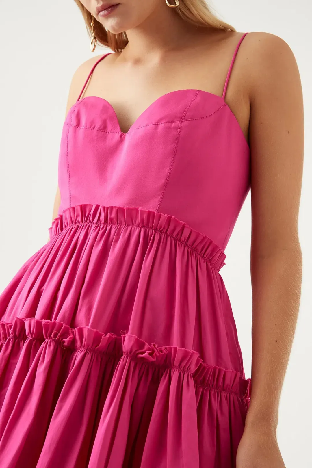 AJE Maya Tiered Mini Dress Fuchsia with side pockets AU 6 US 2 for rent on The Volte - main image