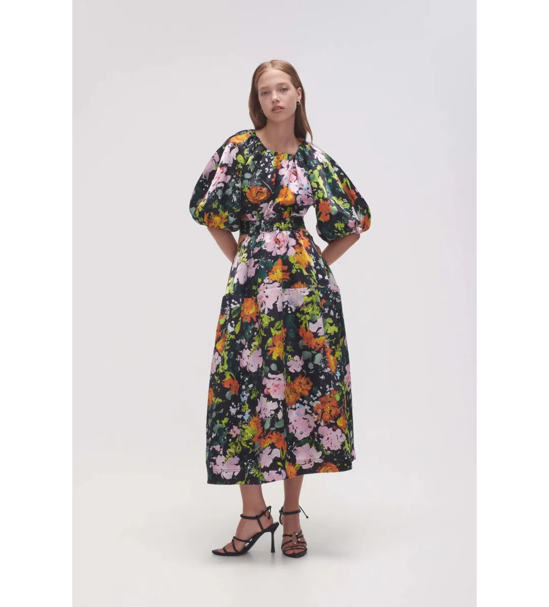 Aje Mimosa Cutout Midi Dress in Midnight floral Size S AU 8 for rent on The Volte - main image