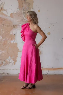 Aje Bonjour Asymmetric Midi Dress in Fuchsia Size AU 8 for rent on The Volte - image 2