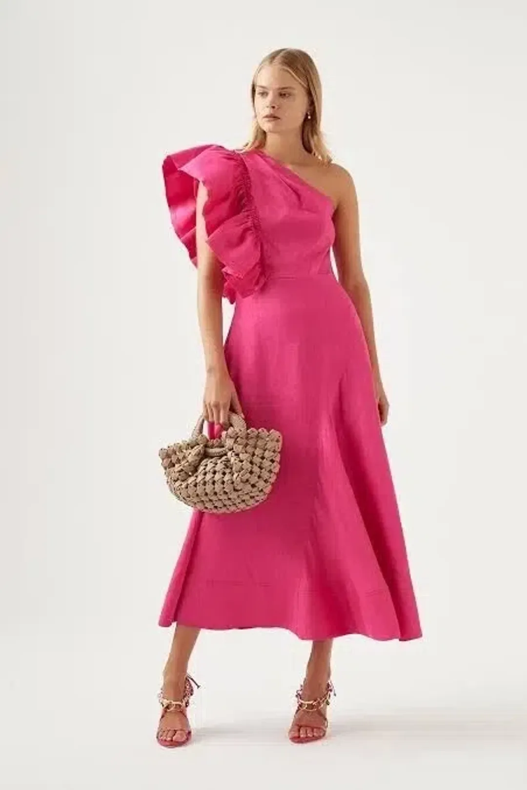 Aje Bonjour Asymmetric Midi Dress in Fuchsia Size AU 10 for rent on The Volte - main image