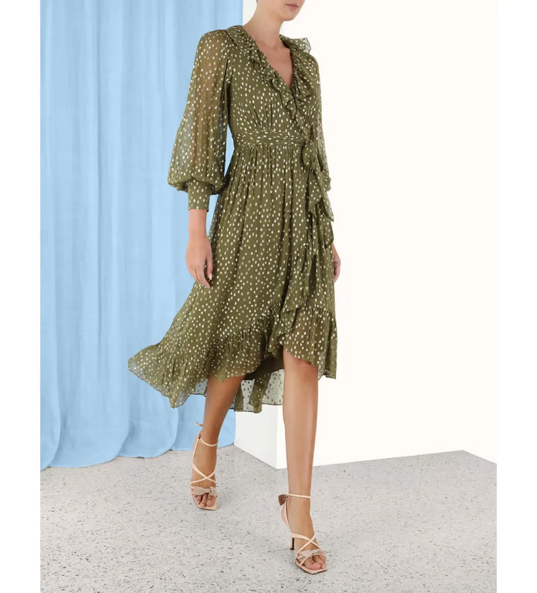 Zimmermann Lurex Wrap Midi Dress in Khaki Size 3/AU14 for rent on The Volte - main image