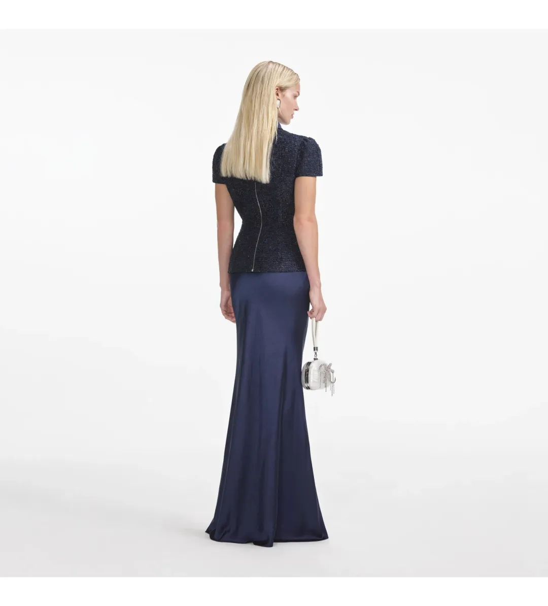 Self Portrait Boucle Maxi Dress Navy Metallic Size S/AU 8 for rent on The Volte - main image