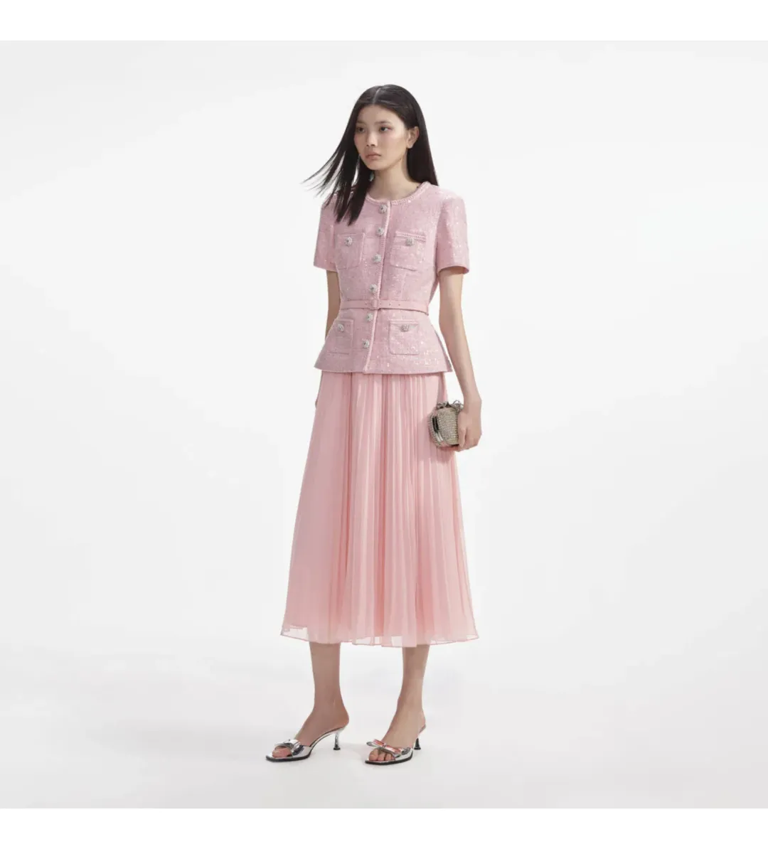 Self Portrait Pink Boucle Sequins Midi Dress Size AU10 for rent on The Volte - main image