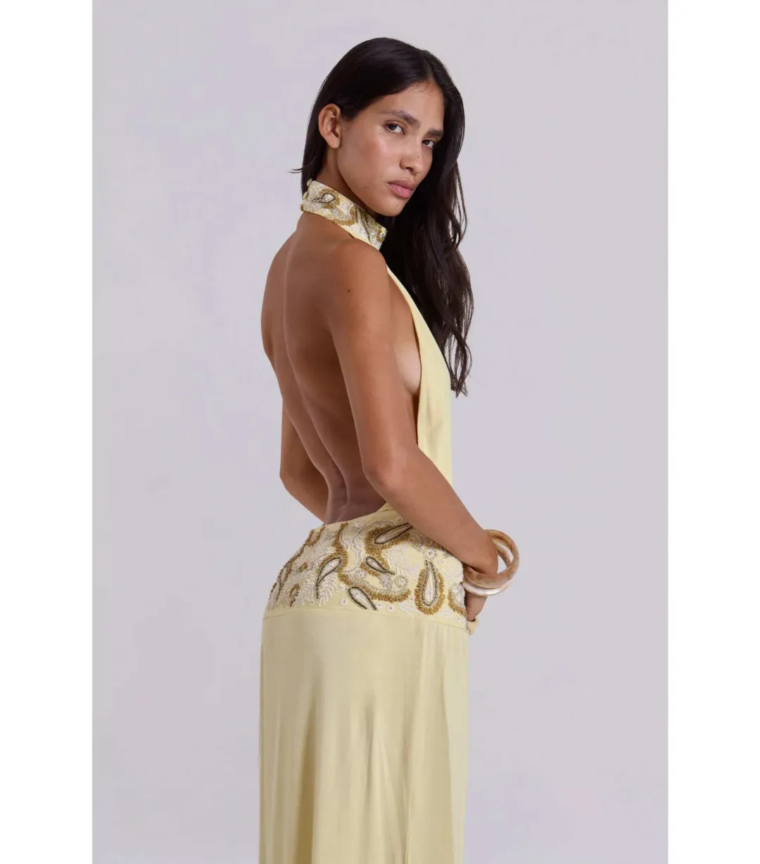 Jaded London Darya Hand Beaded Backless Maxi Dress in Butter Size AU 6 for rent on The Volte - main image