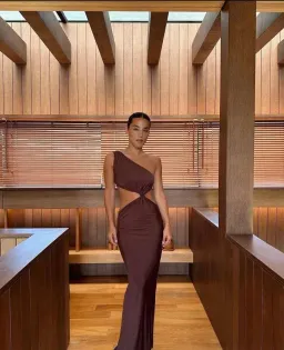 Effie Kats Hawlya Gown Cocoa Maxi Dress in  Brown Size S/ AU 8 for rent on The Volte - image 3