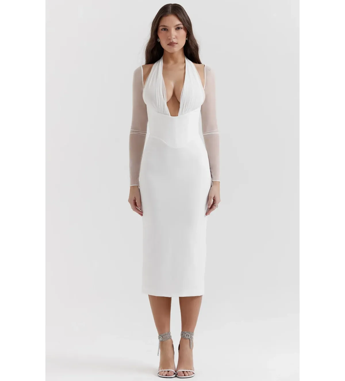 House of CB Yasmin Plunge Midi Dress in White Size 6  for rent on The Volte - main image
