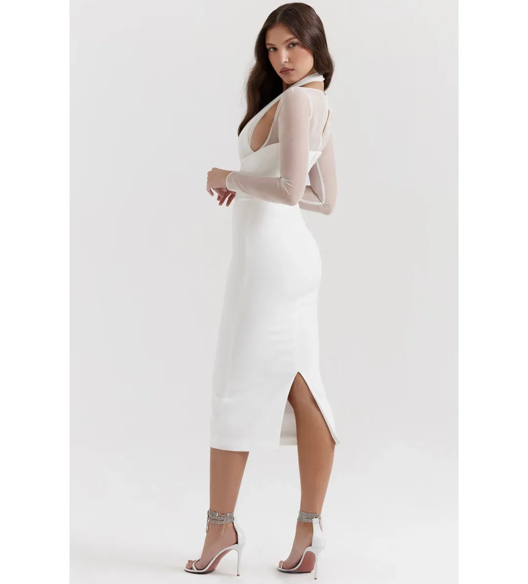 House of CB Yasmin Plunge Midi Dress in White Size 6  for rent on The Volte - main image