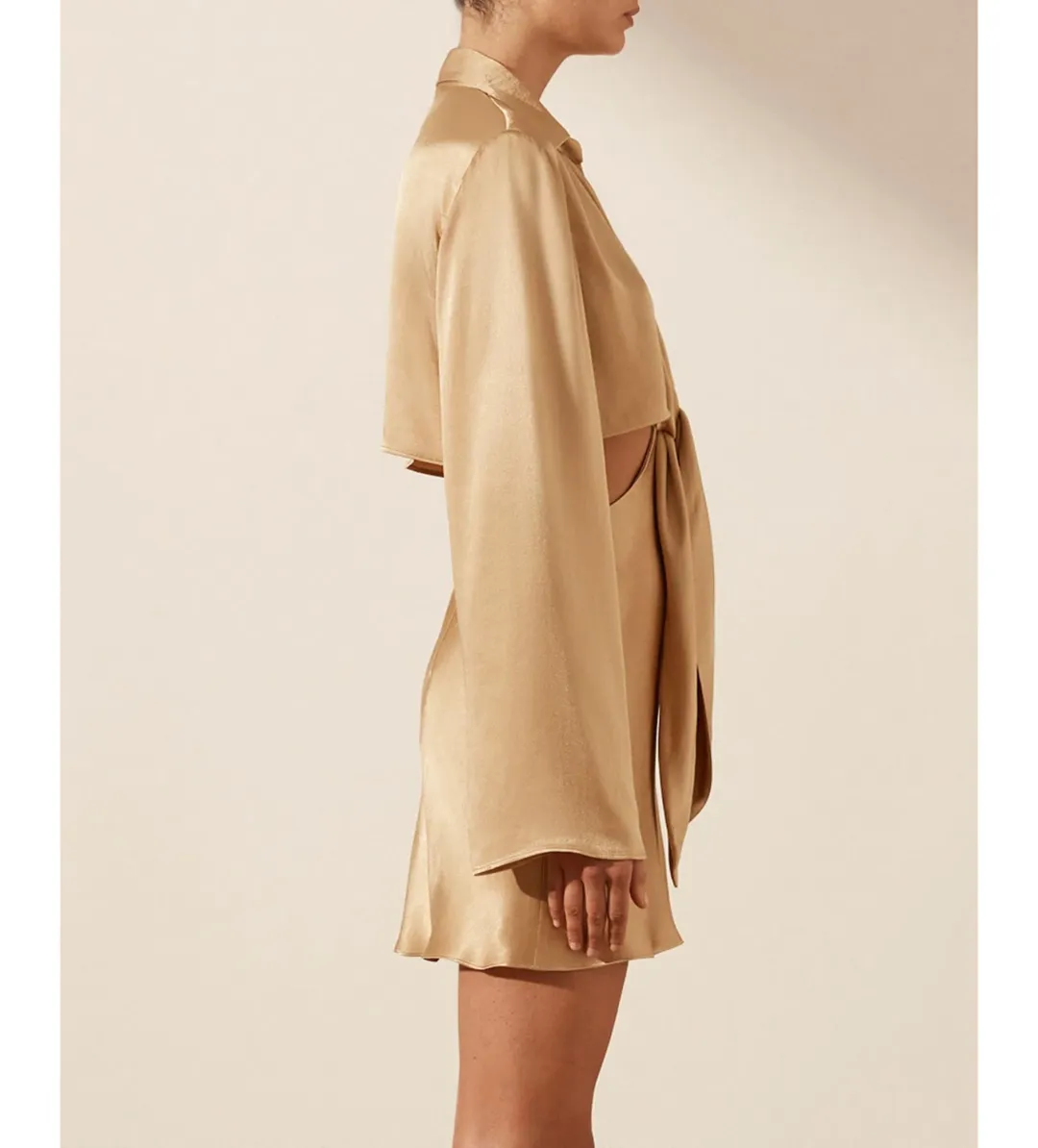 Shona Joy Oliviera Long Sleeve Tie Front Mini Dress in Gold Size 14 for rent on The Volte - main image