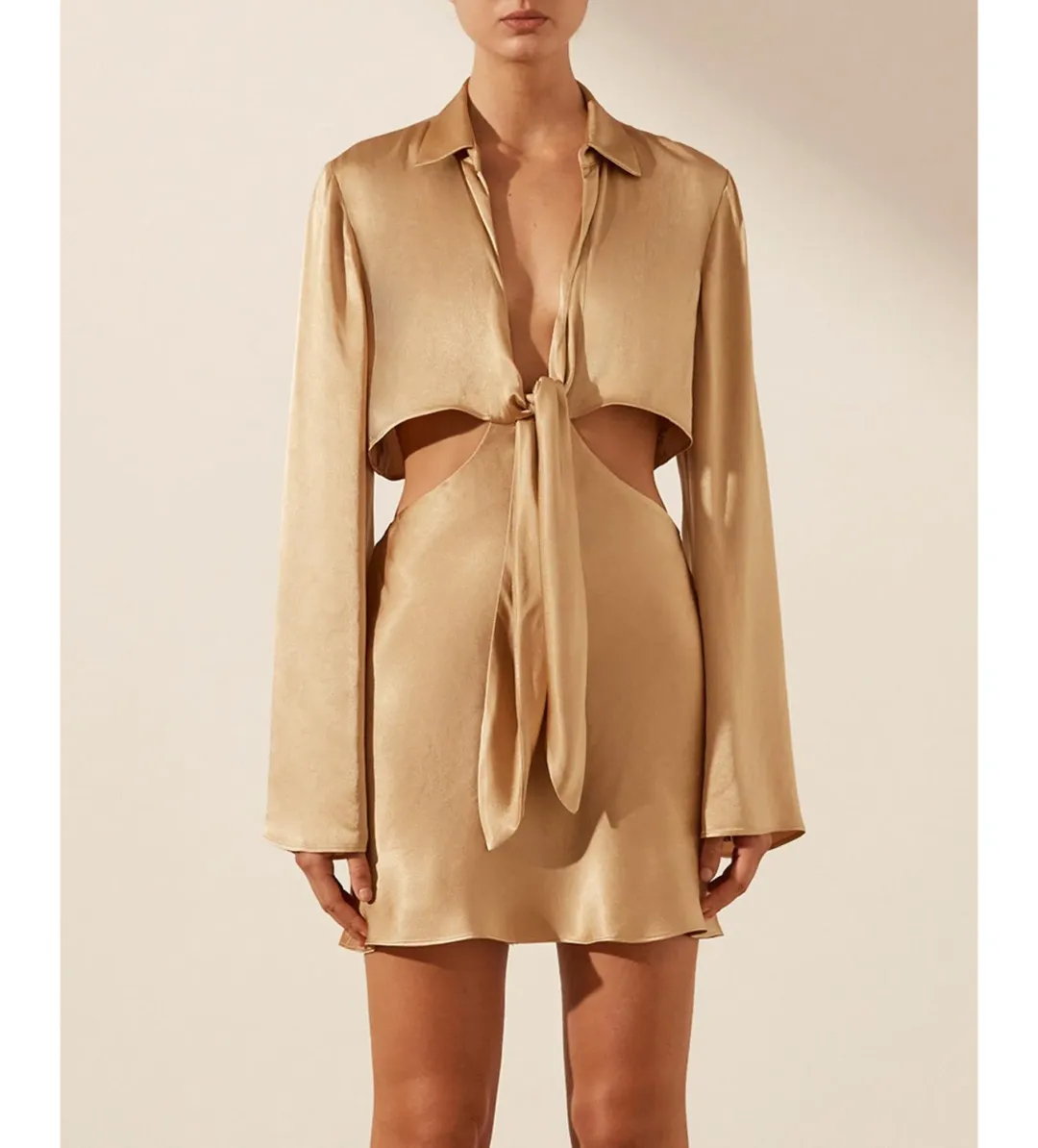 Shona Joy Oliviera Long Sleeve Tie Front Mini Dress in Gold Size 14 for rent on The Volte - main image