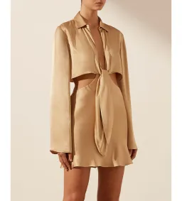 Shona Joy Oliviera Long Sleeve Tie Front Mini Dress in Gold Size 14 for rent on The Volte - image 5