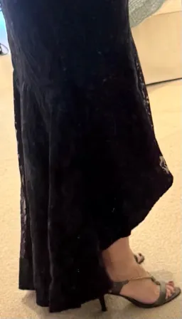 Formal Gown by Bariano Navy Lace 3/4 sleeves tapered length for rent on The Volte - image 3