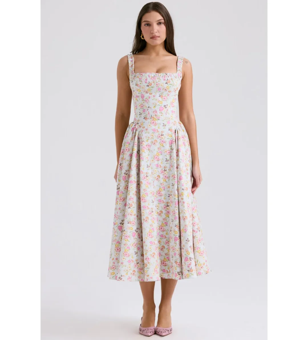 House of CB Dorothy Midi Dress Pale Blue Meadow Print Cotton Size XS/AU 6 for rent on The Volte - main image
