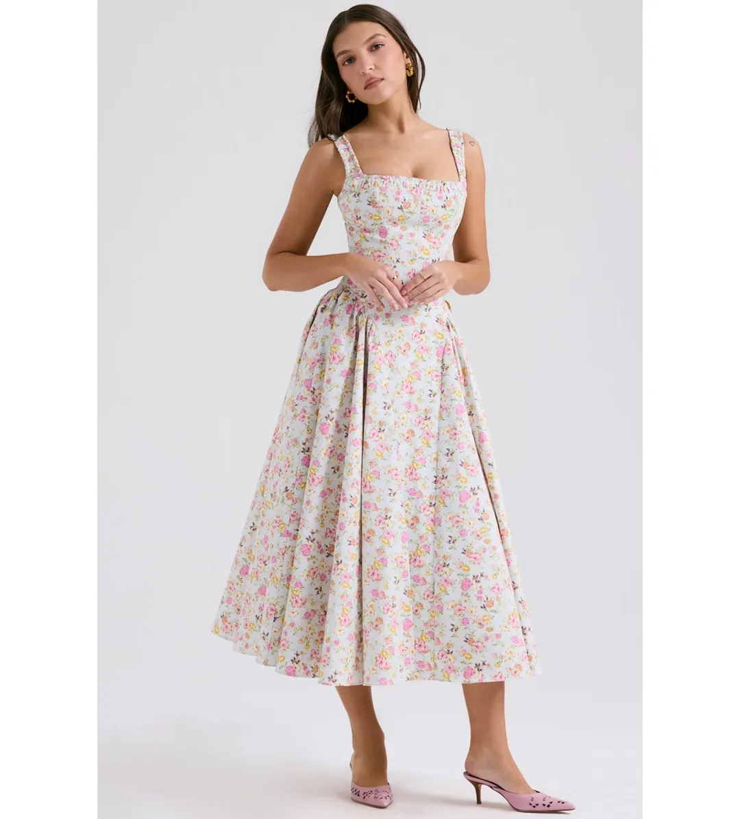 House of CB Dorothy Midi Dress Pale Blue Meadow Print Cotton Size XS/AU 6 for rent on The Volte - main image