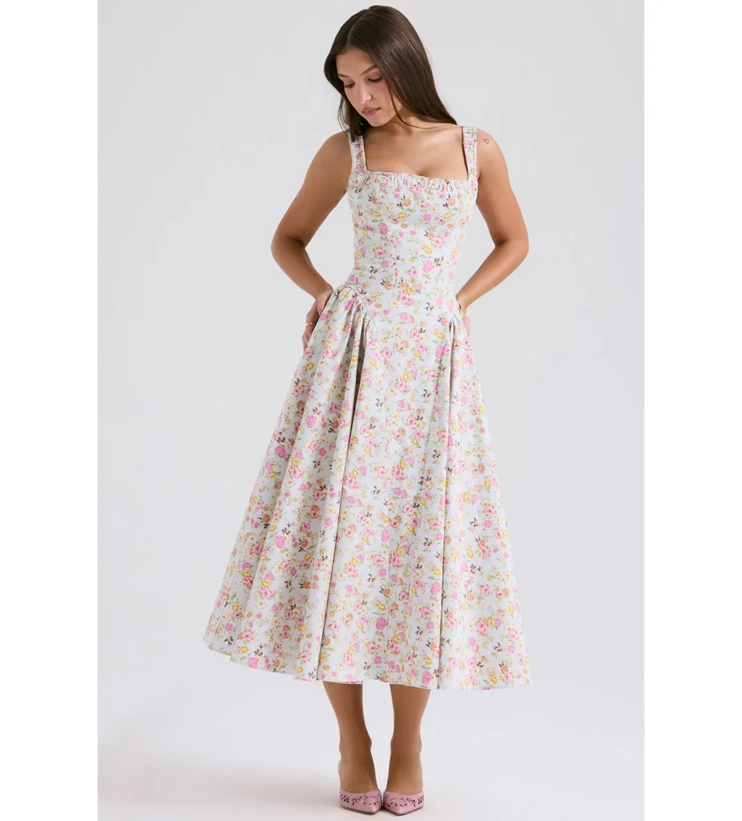 House of CB Dorothy Midi Dress Pale Blue Meadow Print Cotton Size XS/AU 6 for rent on The Volte - main image